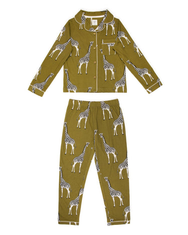 Kids' Khaki Giraffe Button Up Long Pyjama Set